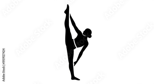A gymnast performs a one-legged balancing pose in a graceful silhouette against a simple background from a side viewpoint