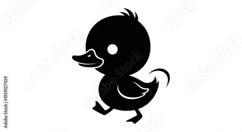 A small black duckling walking alone in a simple illustration style from a side viewpoint