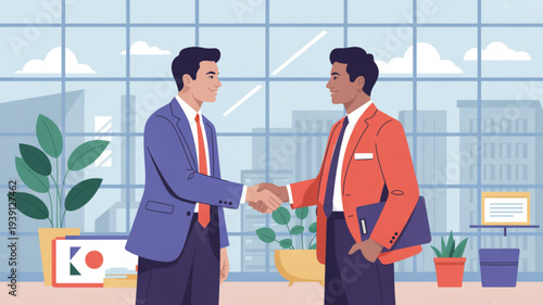 Two businessmen shaking hands in modern office with city view professional partnership and agreement illustration