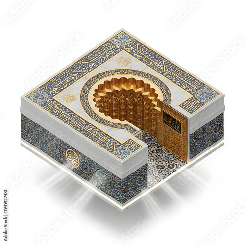 Luxurious Islamic Shrine Isometric View Golden Calligraphy and Patterned Details Sacred Art