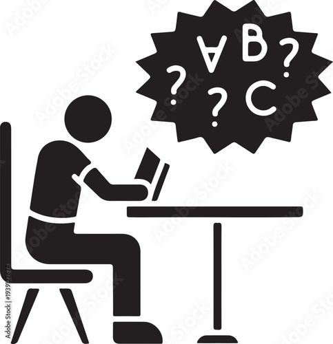 Print person sitting at desk with laptop and confused thought bubble with questions