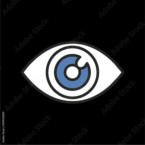 Stylized graphic illustration of a human eye with a blue iris and black pupil on a dark background, representing vision and perception.