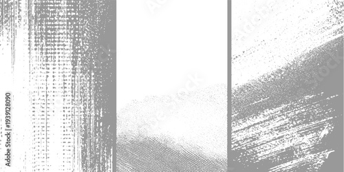 Three abstract grey and white textured panels with distressed grunge effects and dot patterns
