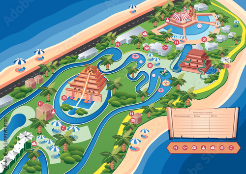 Beach of ocean theme park with ancient architectures, trees and entertainment facilities