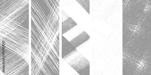 Five distinct grey and white abstract textured panels with linear and dotted patterns
