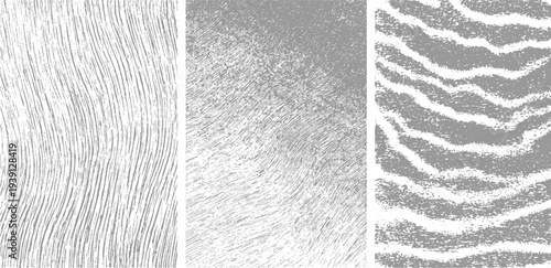 Three abstract grey and white textured patterns with organic wavy lines and granular effects