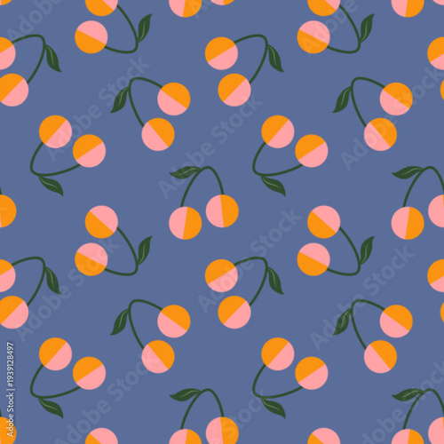 Decorative seamless pattern with cute cherry fruits in a flat illustration style. Bright and cheerful repeating fruit design suitable for wallpaper, packaging, fabric, surface pattern projects, and cr