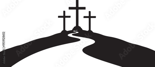 Vector illustration of three crosses on hill