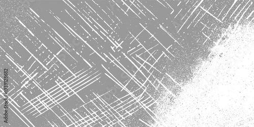 Abstract distressed grey background with white diagonal lines and spray paint texture