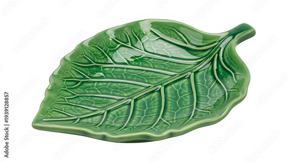 Naklejka premium Green leaf shaped ceramic dish with detailed veins on transparent background