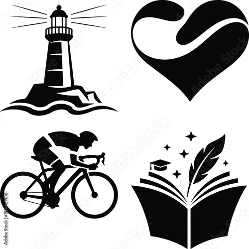 Lighthouse heart cyclist and book icons set