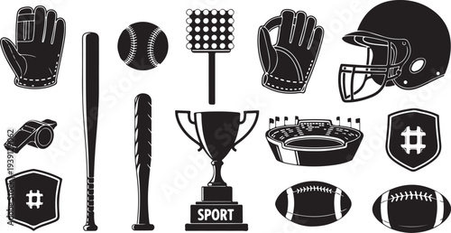 Collection of various sports equipment and icons in black