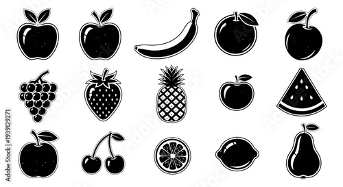 Organic Fruit Silhouettes and Stamped Icons Set