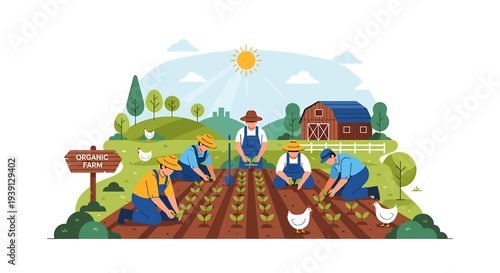 Diverse farmers cultivating organic vegetables on a sunny day at a rural farm, showcasing sustainable agriculture
