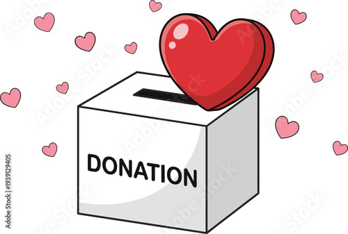 "Vector illustration of a white donation box with red heart symbol, surrounded by smaller hearts, representing charity, generosity, love, kindness, fundraising, and emotional support campaigns"