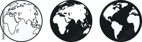 "Vector illustration of three stylized Earth globes showing continents in line art and silhouette styles, perfect for geography, education, environment, travel, and global design projects"