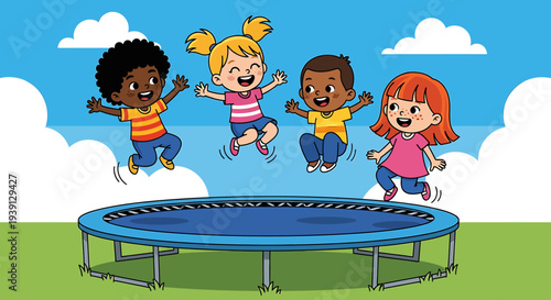 Joyful and diverse young children happily jumping high on a trampoline outdoors, experiencing active play, laughter, and pure childhood fun together