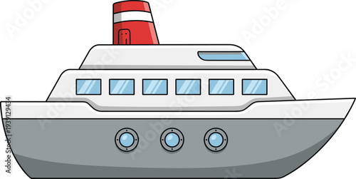 "Cartoon vector illustration of a cruise ship with red smokestack, white upper deck, grey hull, portholes, perfect for maritime transport, travel, tourism, education, and nautical design projects"