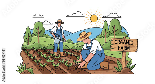 Two dedicated farmers diligently cultivating young seedlings in a vibrant organic farm, illustrating sustainable agriculture and natural food production under the warm sun