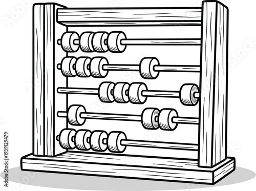 "Black and white vector illustration of a traditional wooden abacus with sliding beads, perfect for math education, history, calculation tools, and cultural design projects"