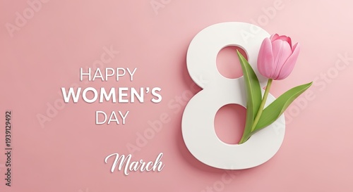 Happy women's day celebration with pink tulip and number eight