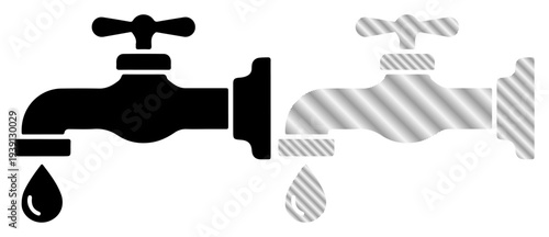 Water tap icon with a dripping water droplet and a metallic counterpart