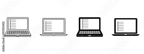 Set of laptop with checklist vector icons. Test on laptop. Online exam or questionnaire.