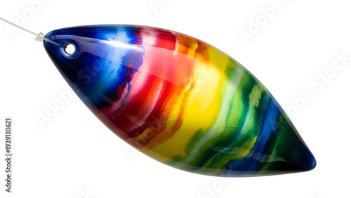 Vibrant rainbow colored glass pendant with hole on transparent background