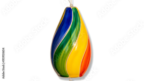 Vibrant rainbow colored glass pendant light fixture on transparent background