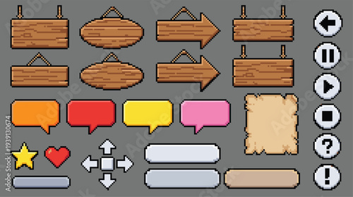 Retro gaming UI elements collection in pixel art style, wooden signs, speech bubbles, buttons, arrows, hearts, stars, and icons
