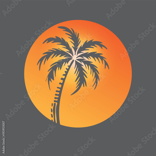 stylized silhouette of a palm tree with sunset