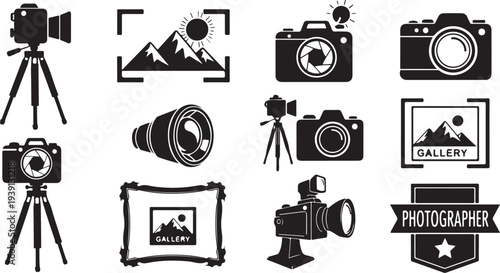 Collection of black and white photography icons and symbols