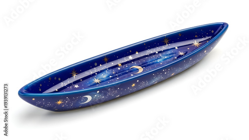 Vibrant blue ceramic boat dish with starry night sky design on transparent background