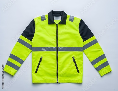 Reflective safety jacket with black sleeves and zipper on plain background for industry