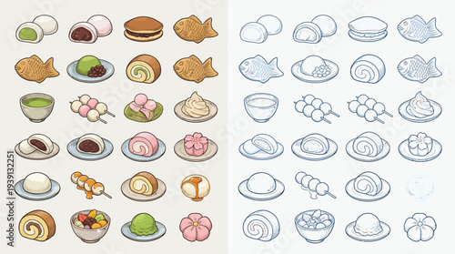 A collection of colorful and detailed illustrations of various Japanese sweets and desserts, presented in two columns.