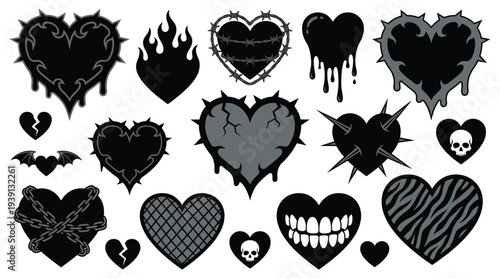 Gothic hearts elements collection with barbed wire, chains, flames, spikes, and skulls