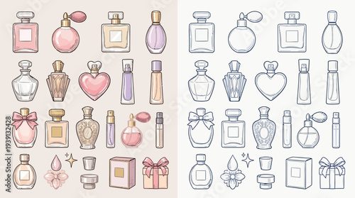 A collection of elegant perfume bottles in various shapes and sizes, presented in both colored and outline versions.