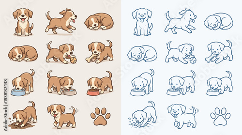 Collection of cute puppy illustrations in various poses and activities, including playing, sleeping, and eating, presented in both full color and line art styles.