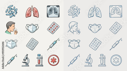 A collection of medical icons representing various aspects of health, disease, and treatment, including lungs, bacteria, masks, X-rays, and medical equipment.