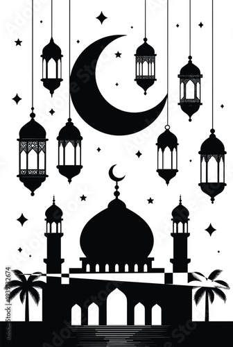 Islamic mosque silhouette, crescent moon, Ramadan lanterns, spiritual night sky, cultural architecture, Eid celebration, Islamic art, religious design, festive illustration, spirituality