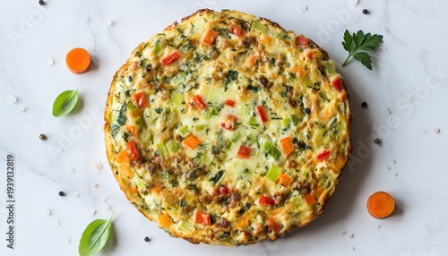 Savory vegetable frittata on marble backdrop offers versatile culinary stock photo use