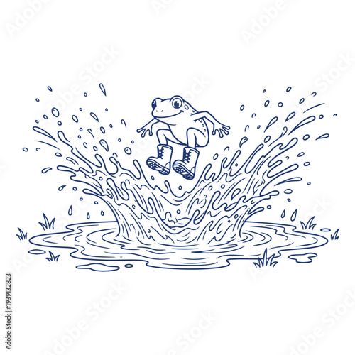 Cute frog happily jumping into water creating a big splash, playful animal character line art illustration, clean vector outline, white background, perfect for coloring book and children illustration.