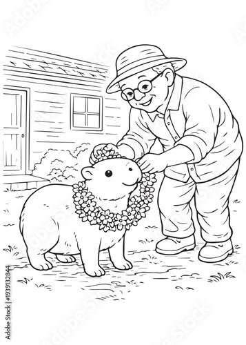 coloring book grandpa adorning the capybara with a flower garland and warm smiles