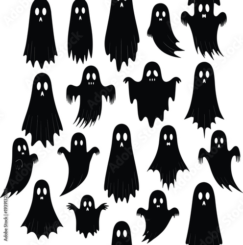 Cartoon ghost silhouettes, spooky Halloween characters, playful ghost icons, scary cute spirits, haunted design elements, supernatural clipart, eerie illustrations, fun spooky art