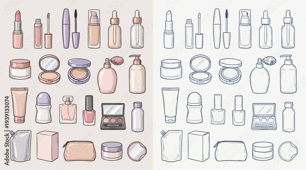 Fototapeta premium A collection of cosmetic and beauty products, including lipstick, mascara, foundation, creams, perfumes, and makeup palettes, presented in both colored and outline illustrations.