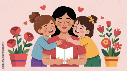 Mother and daughters sharing love and reading a book together with flowers and hearts around