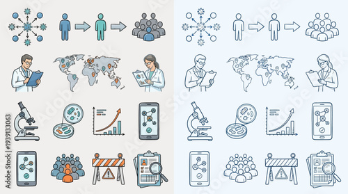 Collection of icons illustrating the spread of a virus, scientific research, and public health measures.