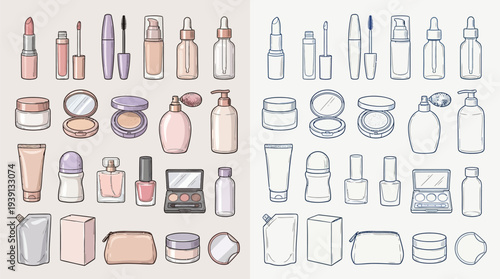 A collection of cosmetic and beauty products, including lipstick, mascara, foundation, creams, perfumes, and makeup palettes, presented in both colored and outline illustrations.