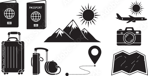 Travel and adventure icons in black and white color