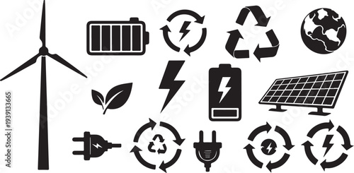Eco Friendly Energy Icons and Wind Turbine Illustration Set